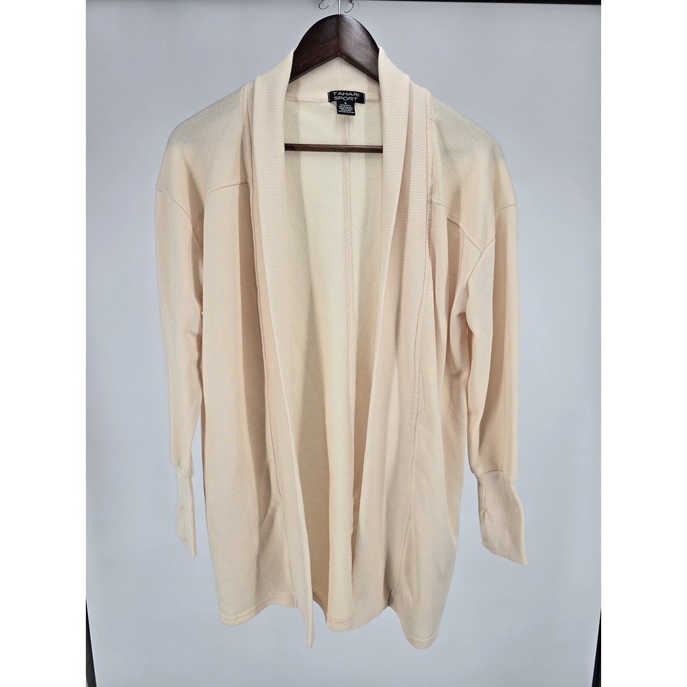 Tahari Sport Open Front Cardigan XL Cream Knit Duster Minimalist Classic Cozy